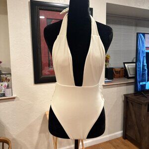 MONTCE Cream high-waisted halter one-piece swimsuit with tie front OR back